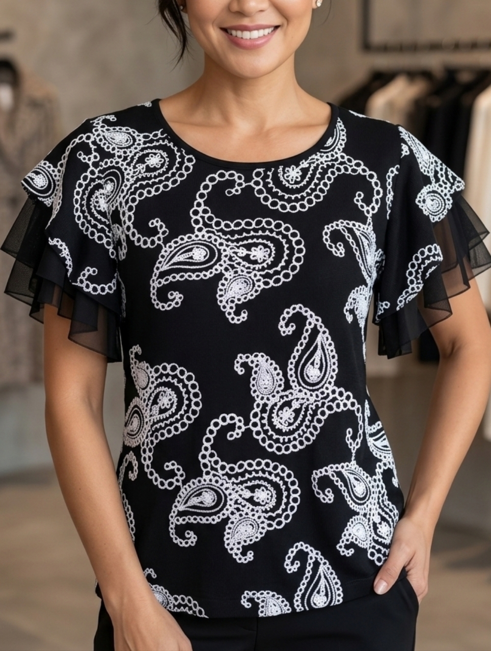 Liv Los Angeles Paisley Embroidered Flutter Sleeve Blouse 100% RAYON SZ-SMALL
